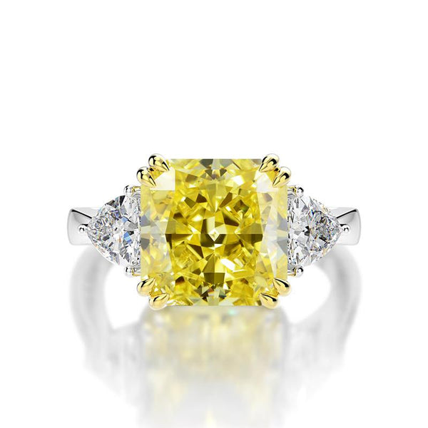 4-carat brilliant princess cut canary yellow diamond ring with three-stone halo design, ideal for weddings and luxury engagements.