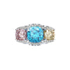 5.0 Carat Cushion-Cut Ocean-Blue Aquamarine Ring with Pink and Yellow Diamonds in a Three Stone Design on White Gold Band