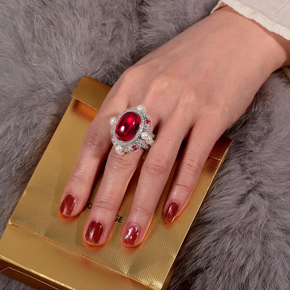 7 Carat Cabochon Genuine Lab-Grown Red Ruby Ring Luxury Cocktail Ring | Vintage Pearl Halo Design