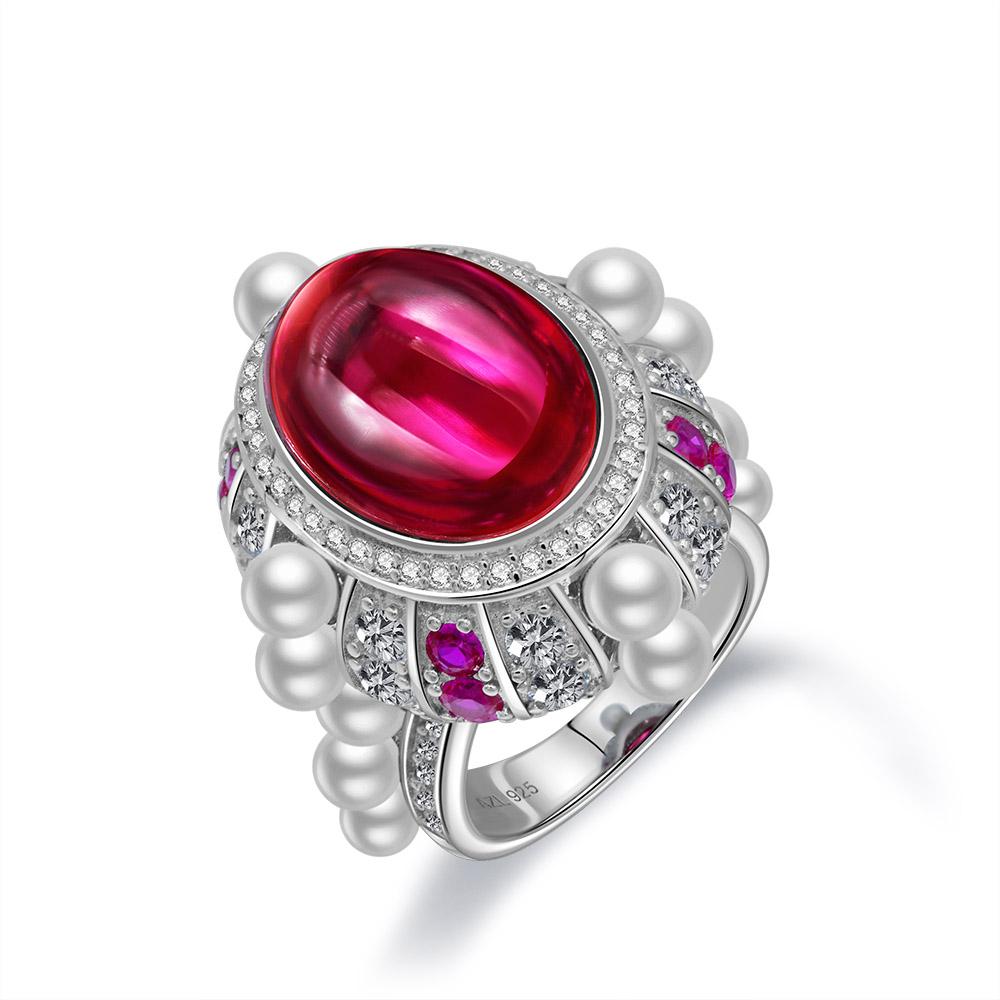 7 Carat Cabochon Genuine Lab-Grown Red Ruby Ring Luxury Cocktail Ring | Vintage Pearl Halo Design