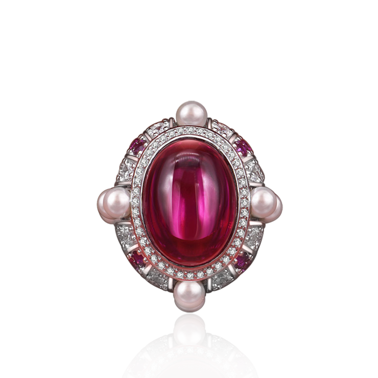 7 Carat Cabochon Genuine Lab-Grown Red Ruby Ring Luxury Cocktail Ring | Vintage Pearl Halo Design
