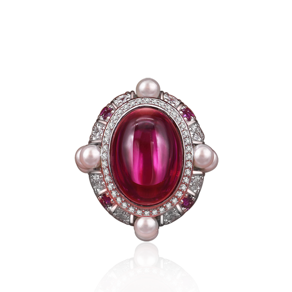 7 Carat Cabochon Genuine Lab-Grown Red Ruby Ring Luxury Cocktail Ring | Vintage Pearl Halo Design