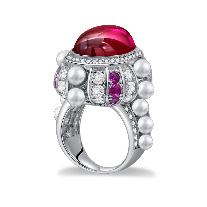 7 Carat Cabochon Genuine Lab-Grown Red Ruby Ring Luxury Cocktail Ring | Vintage Pearl Halo Design