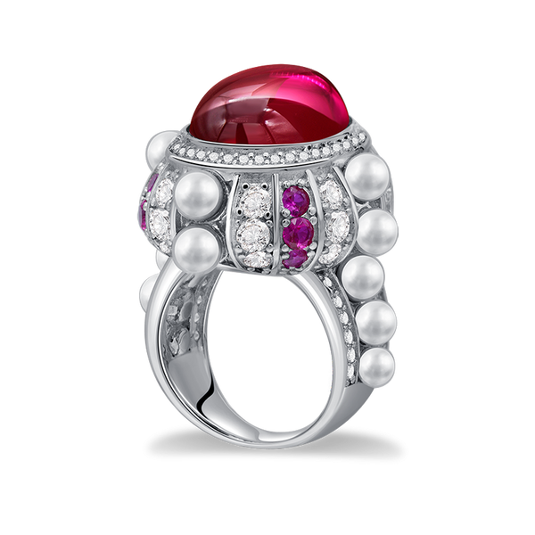 7 Carat Cabochon Genuine Lab-Grown Red Ruby Ring Luxury Cocktail Ring | Vintage Pearl Halo Design