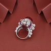 7 Carat Cabochon Genuine Lab-Grown Red Ruby Ring Luxury Cocktail Ring | Vintage Pearl Halo Design
