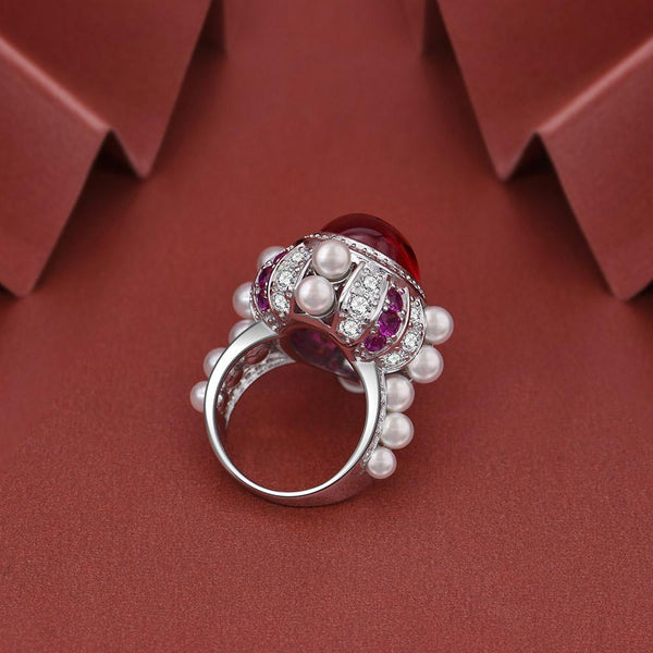 7 Carat Cabochon Genuine Lab-Grown Red Ruby Ring Luxury Cocktail Ring | Vintage Pearl Halo Design