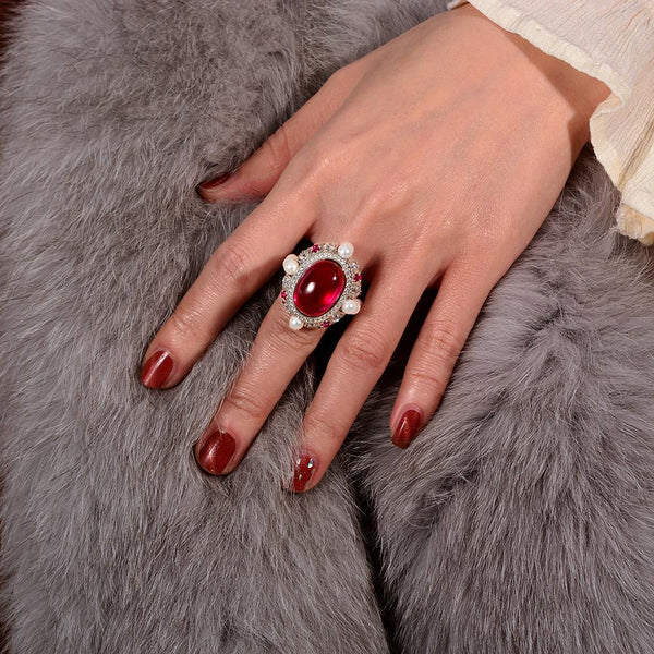 7 Carat Cabochon Genuine Lab-Grown Red Ruby Ring Luxury Cocktail Ring | Vintage Pearl Halo Design