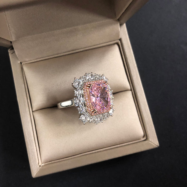 7 Carat Vivid Pink Double Halo Diamond Simulant Cocktail Ring| Best Double Halo Anniversary Ring