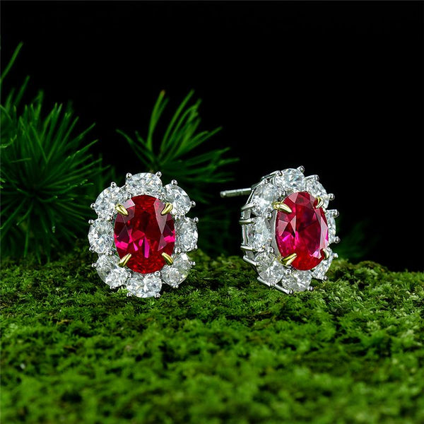 2 Carat Genuine Lab-Grown Ruby Oval Shape Earring Stud | Luxury Halo Earring Best Gift For Her