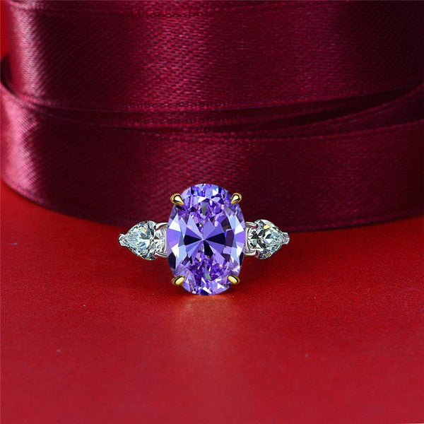 2.5 Carat Oval-Cut Purple Amethyst Ring w Pear-Shaped Side Stone | Elegant and Luxurious Statement Ring