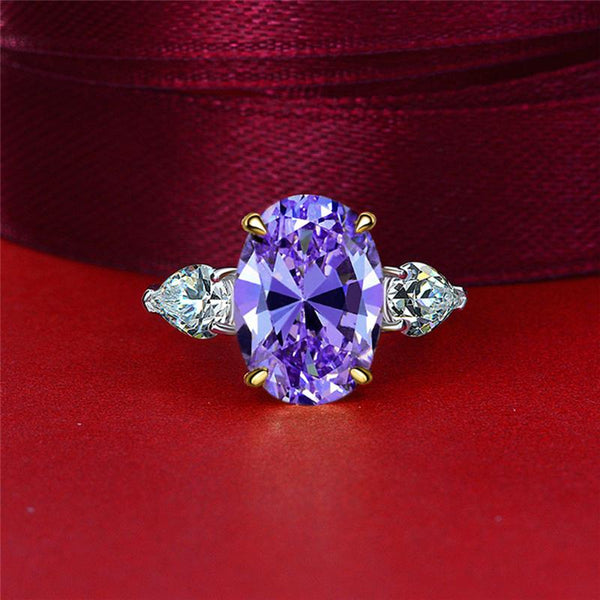 2.5 Carat Oval-Cut Purple Amethyst Ring w Pear-Shaped Side Stone | Elegant and Luxurious Statement Ring