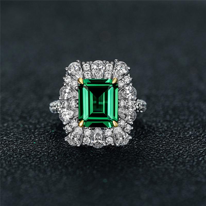 7 Carat Vivid Green Emerald Cut Lab-Created Emerald Halo Engagement Ring