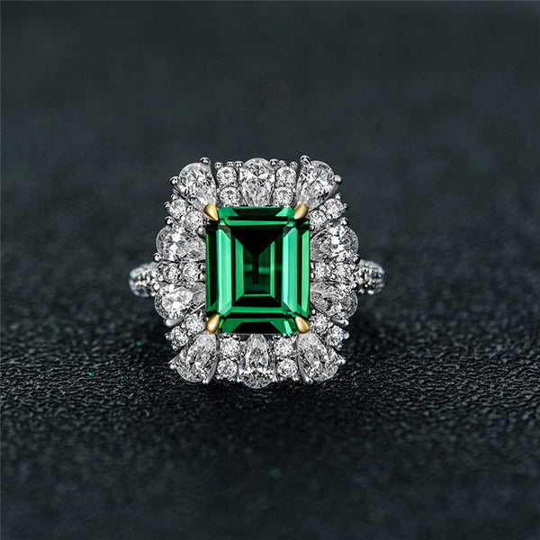 7 Carat Vivid Green Emerald Cut Lab-Created Emerald Halo Engagement Ring