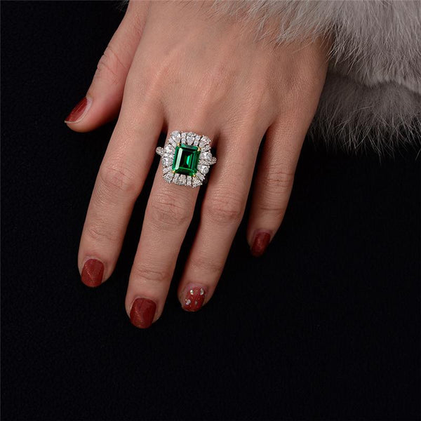 7 Carat Vivid Green Emerald Cut Lab-Created Emerald Halo Engagement Ring