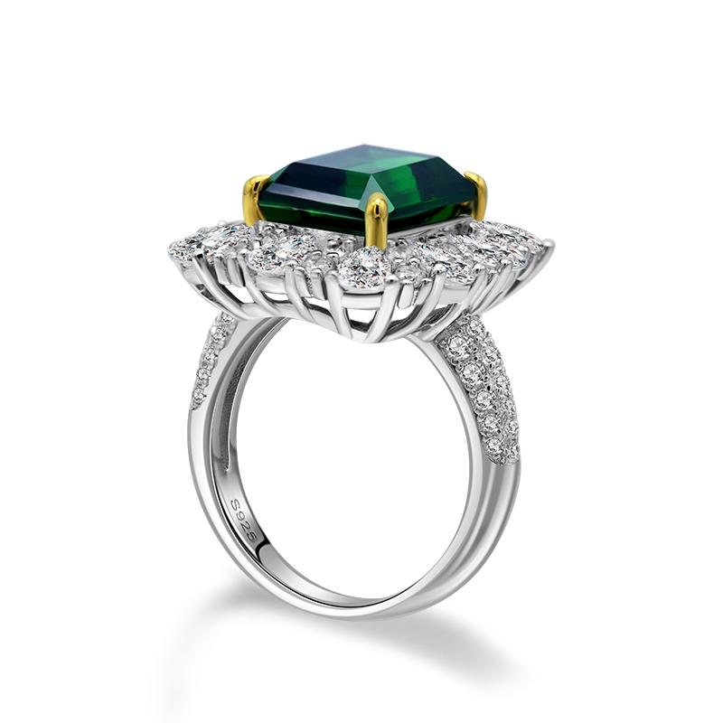 7 Carat Vivid Green Emerald Cut Lab-Created Emerald Halo Engagement Ring