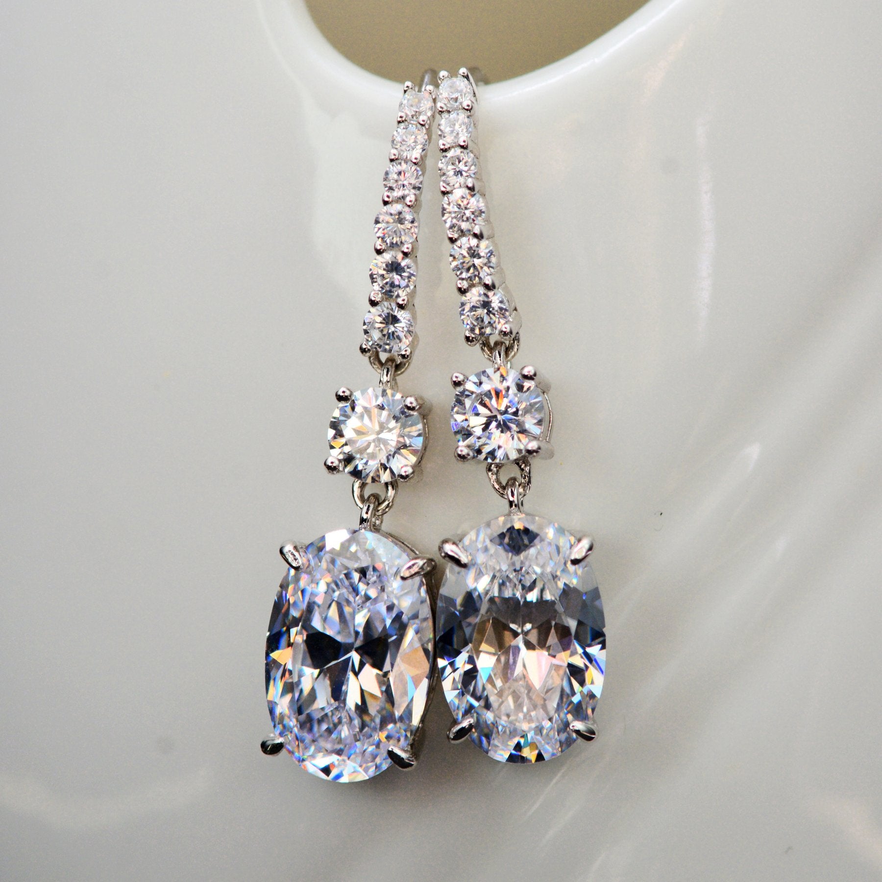 D Color Oval Diamond Tassel Earrings | Sterling Silver Luxury Drop Earrings